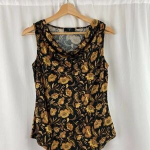 Tahari Womens Blouse Black Gold Floral Sleeveless V Neck Stretch Top XS New
